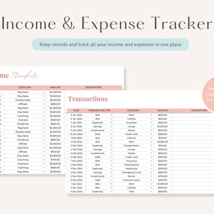May include: A pink and white printable income and expense tracker spreadsheet with the title "Income & Expense Tracker" and the text "Keep records and track all your income and expenses in one place". The spreadsheet is divided into two sections: "Income Tracker" and "Transactions". The "Income Tracker" section has columns for date, category, amount, and description. The "Transactions" section has columns for date, transaction type, category, amount, and description.