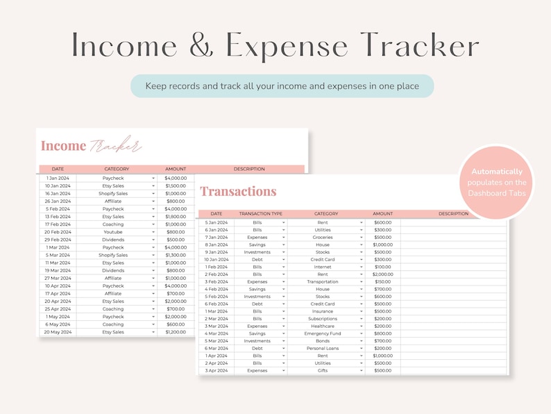 May include: A pink and white printable income and expense tracker spreadsheet with the title "Income & Expense Tracker" and the text "Keep records and track all your income and expenses in one place". The spreadsheet is divided into two sections: "Income Tracker" and "Transactions". The "Income Tracker" section has columns for date, category, amount, and description. The "Transactions" section has columns for date, transaction type, category, amount, and description.