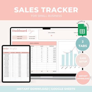 Può includere: Un computer portatile che mostra un foglio di calcolo di Google Sheets con un tracker di vendite per piccole imprese. Il foglio di calcolo ha due schede, una pagina di dashboard e un libro degli ordini. La pagina del dashboard mostra un grafico dell'andamento dei ricavi delle vendite nel tempo. Il libro degli ordini mostra un elenco di ordini con la data dell'ordine, l'articolo, il valore dell'ordine e l'importo dello sconto. Il foglio di calcolo è intitolato "Tracker di vendite per piccole imprese".