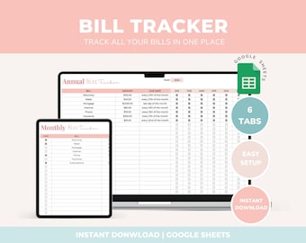 May include: A digital bill tracker template for Google Sheets. The template includes a monthly and annual bill tracker, with sections for bill name, amount, due date, and checkboxes for each month of the year. The template is designed to help users track their bills and stay organized.