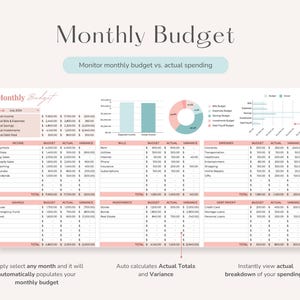May include: A pink and blue monthly budget spreadsheet with charts and graphs. The spreadsheet includes sections for income, bills, expenses, investments, and debt payoff. The text "Monthly Budget" is at the top of the spreadsheet.