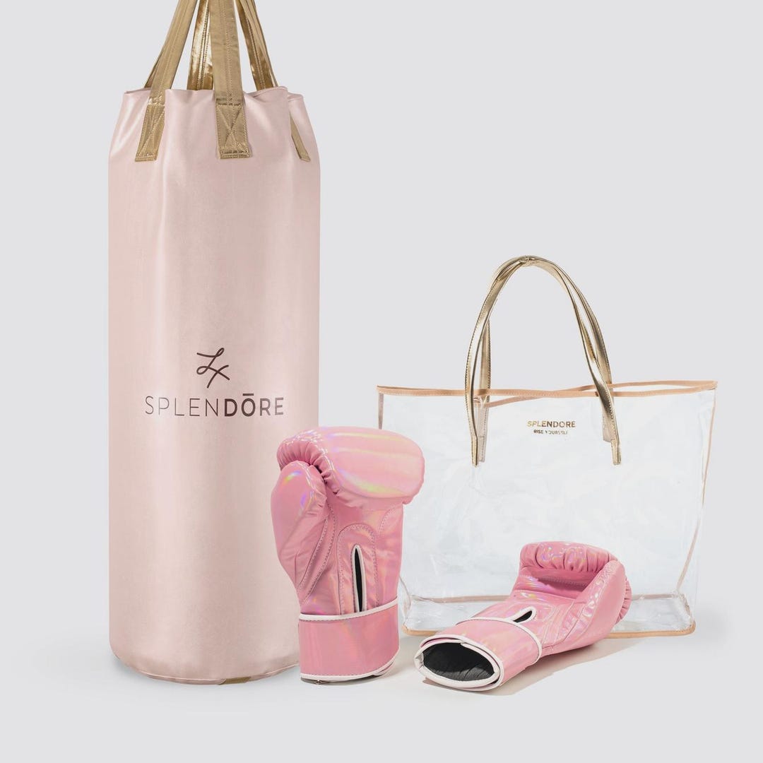 Personalized pink and gold boxing gloves and punching bag kit