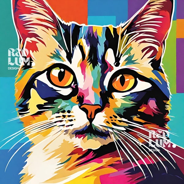 Printable square cat art poster. Portrait of a cat in bright colors in pop-art style.