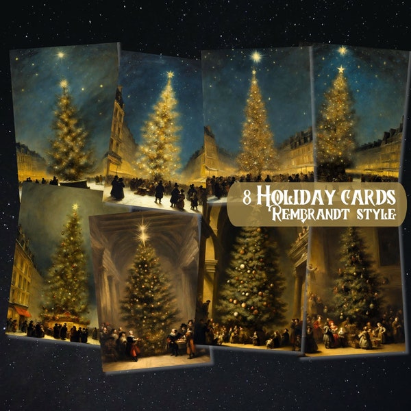 Set of 8 - printable - Holiday greeting cards with christmas tree in Rembrandt painting style