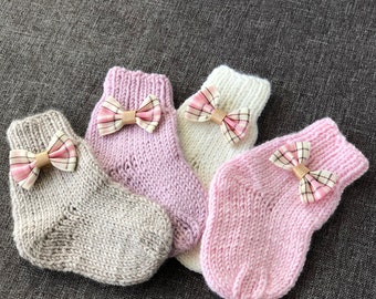 Knitted 100% Merino wool baby socks, Personalize baby sock, Baby bow sock, Handmade Merino wool knit kid sock, Newborn wool socks.