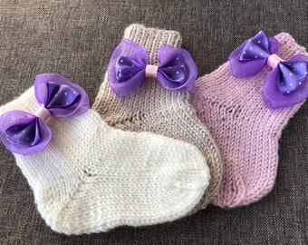 Knitted 100% Merino wool baby socks, Personalize baby sock, Baby bow sock, Handmade Merino wool knit kid sock, Newborn wool socks.