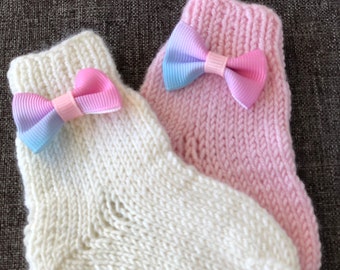 Knitted 100% Merino wool baby socks, Personalize baby sock, Baby bow sock, Handmade Merino wool knit kid sock, Newborn wool socks.