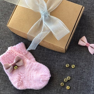 Knitted baby socks, Personalize baby sock, Baby bow sock, Handmade Merino wool knit kid sock, Newborn wool socks. image 6