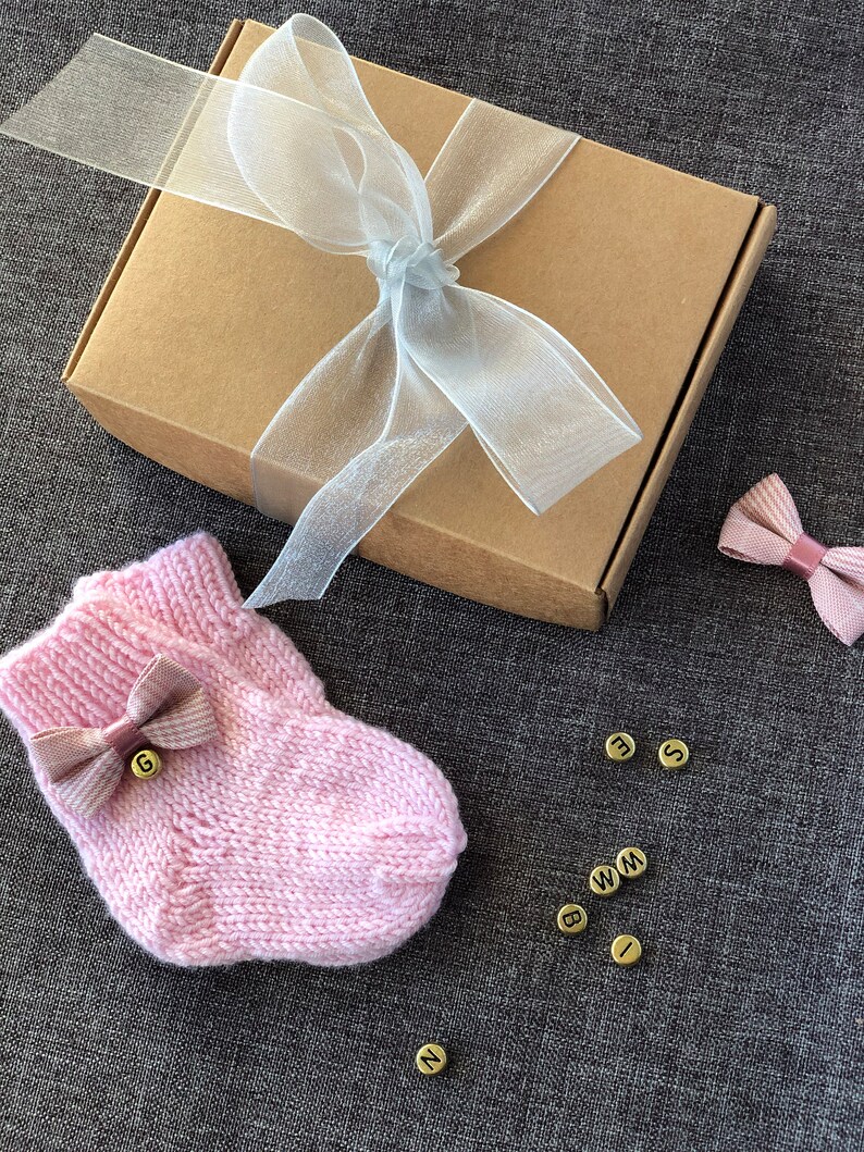 Knitted baby socks, Personalize baby sock, Baby bow sock, Handmade Merino wool knit kid sock, Newborn wool socks. image 6