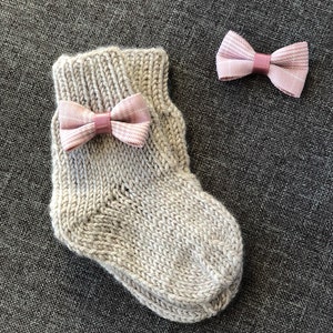 Knitted baby socks, Personalize baby sock, Baby bow sock, Handmade Merino wool knit kid sock, Newborn wool socks. image 1