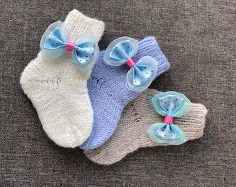 Knitted 100% Merino wool baby socks, Personalize baby sock, Baby bow sock, Handmade Merino wool knit kid sock, Newborn wool socks.