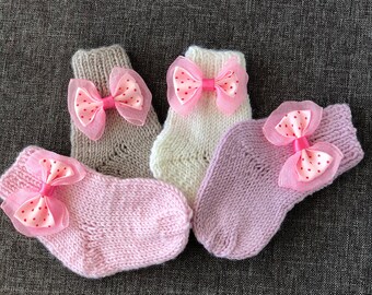 Knitted 100% Merino wool baby socks, Personalize baby sock, Baby bow sock, Handmade Merino wool knit kid sock, Newborn wool socks.