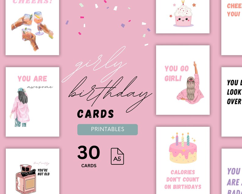 Funny &amp; Girly Printable Birthday Cards Instant Download DIY Print, Fold ...