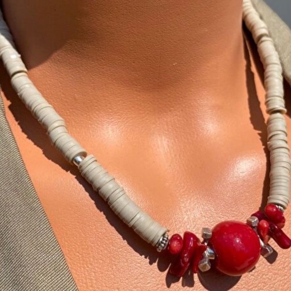 Collier corail rouge fait main en fimo - Bijoux artistiques en corail