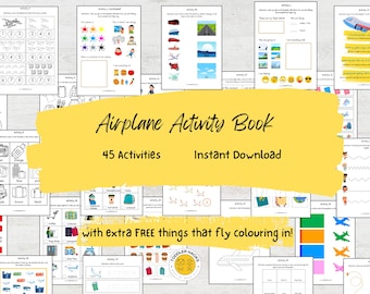 May include: A yellow and white digital download for an airplane activity book with 45 activities. The book includes colouring pages, mazes, and other activities for toddlers and preschoolers. The text "Airplane Activity Book" is in a large font on a yellow background. The text "45 Activities" and "Instant Download" are in a smaller font on a yellow background. The text "with extra FREE things that fly colouring in!" is in a smaller font on a white background.