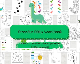 May include: A collection of printable dinosaur-themed worksheets. The worksheets include coloring pages, dot-to-dot activities, and educational exercises. The title "Dinosaur Daily Workbook" is displayed on a green banner. The text "1 month, 31 activities + bonus printables" is also visible.