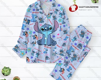 Conjunto de pijamas Lilo y Stitch, camisa de puntada, pijamas de mujer de puntada, pijamas de puntada para fiesta, pijamas de vacaciones de puntada, camisa de medianoche