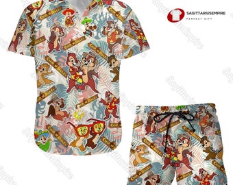 Chemise et short hawaïens Chip and Dale, chemise à boutons Chip N Dale, chemise Chip N Dale, chemise hawaïenne Chip N Dale, chemise dessin animé Disney