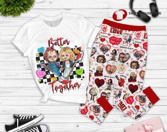 Chucky And Tiffany Better Together Pajamas Set, Chucky And Tiffany Shirt, Pajamas Pant, Chucky Valentine Set Of Pajamas, Valentine Gift