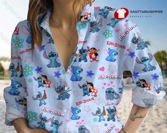 Chemise en lin Lilo And Stitch, Chemise Stitch, Chemise boutonnée Stitch, Chemise à manches longues Stitch, Chemise en lin Stitch pour femme, Blouses et hauts