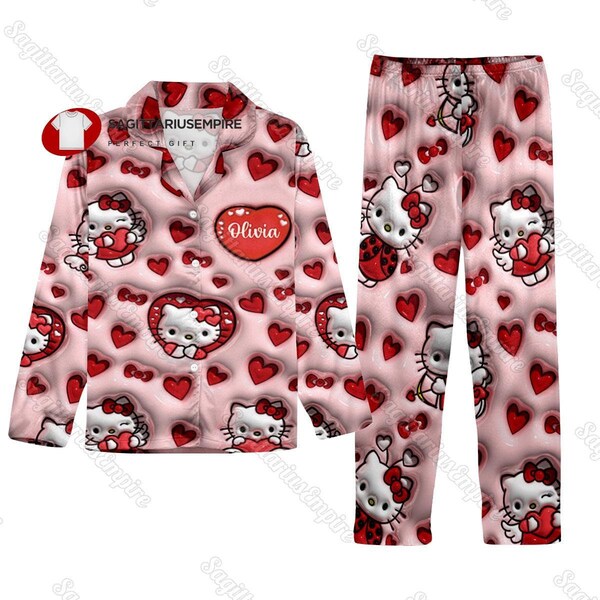 Custom Hello Kitty Pajama Set Women, Hello Kitty Pajamas, Hello Kitty Pajamas Family, Kitten Holiday Pajamas,Hello Kitty Midnight Shirt