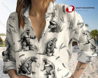 Godzilla Linen Shirt, Godzilla Long Sleeve Shirt, Godzilla Movie Linen Shirt Women, Godzilla Women Blouses, Linen Blouse, Godzilla Gift