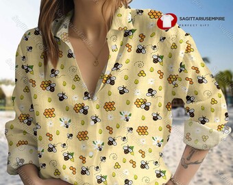 Bee Linen Shirt, Bee Long Sleeve Shirt, Bee Linen Shirt Women, Bee Women Blouses, Bee Linen Blouse, Bee Lover Gift, Bee Shirt For Women