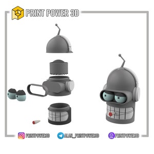 May include: A 3D printed model of a robot head, disassembled into five pieces. The robot has a gray body, a white antenna, and a white headset. The head is designed to be a storage container, with a removable top and a compartment for holding small items.