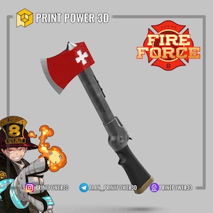 May include: A red and black axe with a white cross on the blade. The axe is a prop from the anime Fire Force. The text "TOKYO FIRE FORCE 8" is visible in the background.