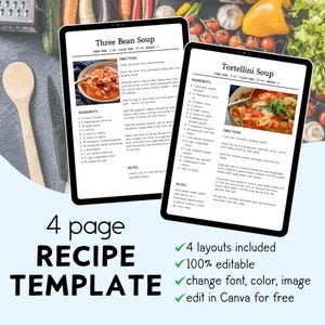 Recipe Template, Editable Cookbook Template, Classic Recipe Template, A4, Letter, Binder Pages, Minimalist Recipe Cards, Canva Template