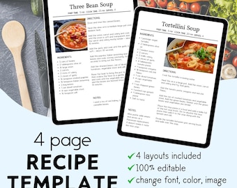 Recipe Template, Editable Cookbook Template, Classic Recipe Template, A4, Letter, Binder Pages, Minimalist Recipe Cards, Canva Template