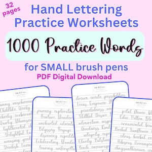 1000+ Hand Lettering Practice Words, Small Tipped Brush Pens, HandLettering Worksheets, Calligraphy Sheets, Handwriting Workbook