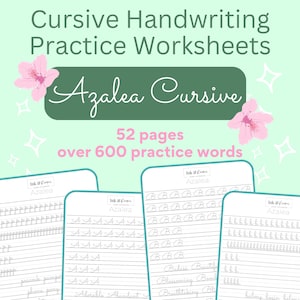 Può includere: Un set di fogli di lavoro di pratica di scrittura corsiva che comprendono 52 pagine e oltre 600 parole da esercitarsi. I fogli di lavoro sono progettati con uno sfondo verde chiaro e fiori rosa. Il titolo dei fogli di lavoro è "Azalea Cursive".