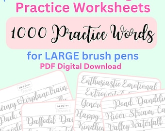Pode incluir: Um conjunto de 32 folhas de trabalho imprimíveis para praticar caligrafia com canetas de pincel grandes. As folhas de trabalho apresentam 1000 palavras para praticar, incluindo "Airplane Train", "Daffodil Dai", "Enthusiastic Emotional", "Pond Dandelion", "River Stream", "Valley Waterfall" e "Welland Berries".