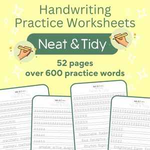 May include: A set of handwriting practice worksheets with the title "Neat & Tidy" and the text "52 pages over 600 practice words". The worksheets feature various letter combinations and words for practicing handwriting.