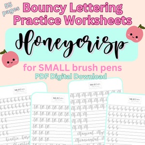 Op de afbeelding: Een digitale download van 55 printbare werkbladen om te oefenen met bouncy lettering. De werkbladen bevatten een verscheidenheid aan letters en woorden, waaronder "Honeycrisp", "kinetic", "hearted", "magical", "meaningful" en "miss". De werkbladen zijn ontworpen voor gebruik met kleine penseelpennen.