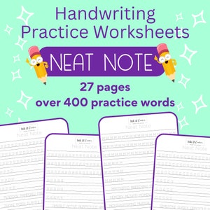 May include: Four printable handwriting practice worksheets with the title "Neat Note" and a cartoon pencil character. The worksheets feature lines for practicing letters and words, with examples of words to practice. The worksheets are designed to help children improve their handwriting.