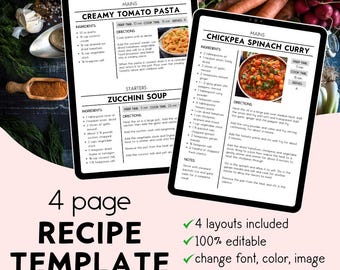 Recipe Template, Printable Recipe Book, Editable Recipe Template, Clean Simple Cookbook Template, 4 Page, A4/US letter Canva Template