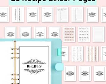 May include: A set of 28 printable recipe binder pages with a variety of categories, including holidays, baking, desserts, seafood, and more. The pages are designed to help you organize your recipes and keep them all in one place.