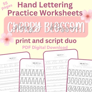 May include: A digital download of 55 printable worksheets for practicing hand lettering. The worksheets feature the words "Cherry Blossom" in a pink and white script font. The worksheets include practice sheets for the letters R, A, M, and G.