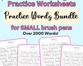 Hand Lettering Practice Words Bundle, Small Tipped Brush Pens, HandLettering Worksheets, Bouncy Calligraphy, Handwriting Workbook