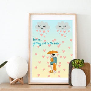 Cartão de felicitações do Dia dos Namorados, o amor está entrando na chuva, lindo cartão de amor e mesa, presente para ela e para ele, download digital e impressão