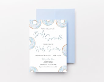 Zaproszenie na baby shower z niebieskim pączkiem i posypką, zaproszenie na baby shower dla chłopca (do pobrania w wersji cyfrowej, szablon Canva)