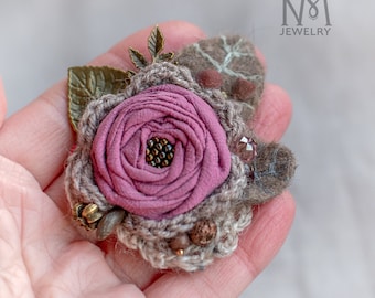 Handmade brooch "Morning Rose", fabric brooch, wool brooch, beads brooch, polymer clay beads, felted wool, Embroidery, Leaves, Boho brooch