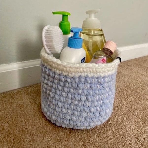 Storage basket, chenille yarn,  hand crocheted for nursery or child’s room, sky blue.