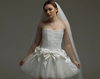 Ivory Corset Mini Wedding Dress with Tulle Tutu Skirt, Bows, and Veil - Romantic Bridal Gown.