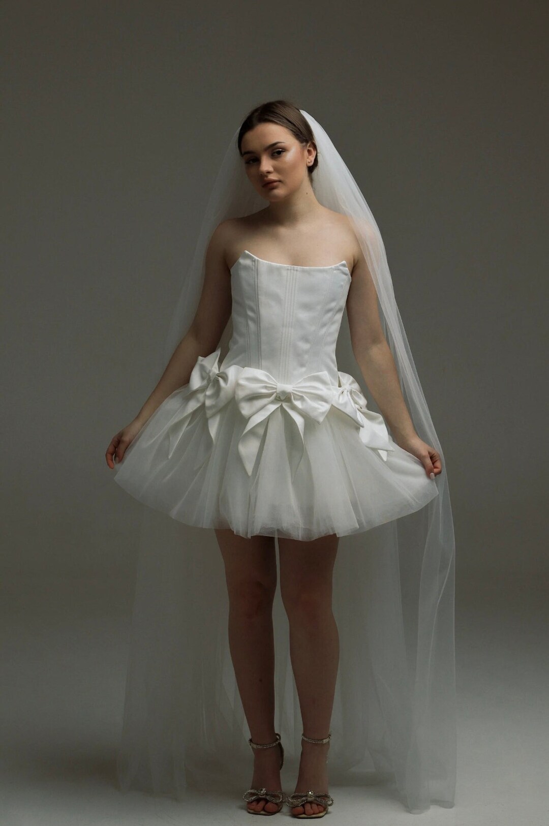 corset tulle mini dress in ivory Wedding with Skirt and Veil Strapless dress