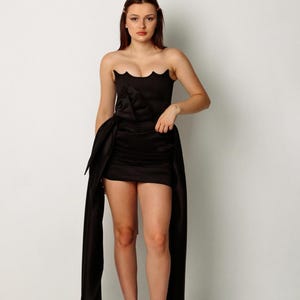 Chic Black Satin Ensemble: Corset with Bow & Double Train Mini Skirt. Can be in Different Colors.