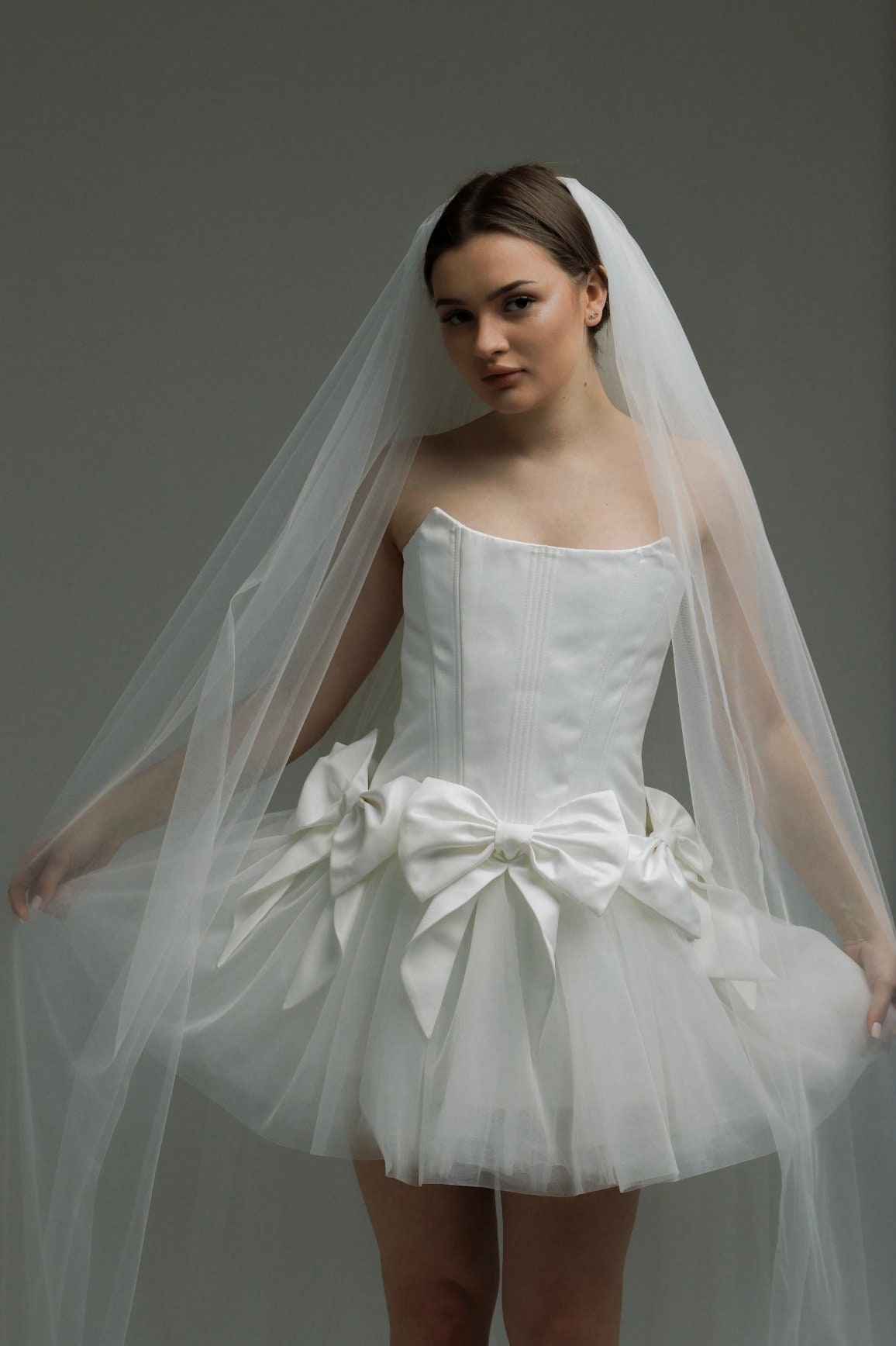 Ivory Corset Mini Wedding Dress With Tulle Tutu Skirt, Bows, and Veil ...