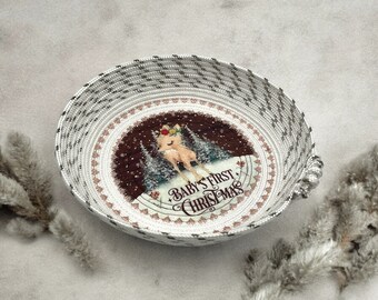 Christmas decorative rope bowl-Rope bowl-Fabric wrapped Christmas rope bowl-Handmade Christmas bowl-Baby's First Christmas decorative bowl